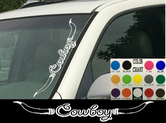 Cowboy with bull Horns Vertical Windshield Die Cut Vinyl Decal Sticker 4" x 22"  Car Truck SUV